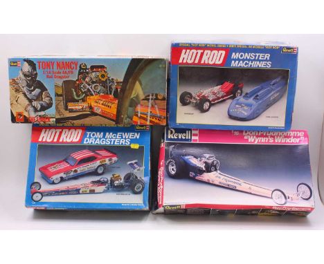 Collection of 4 Hot Rod and Dragster plastic kits to include Revell Tony Nancy The Loner Rail Dragster. Revell Hot Rod Monste