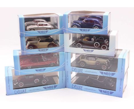 Eight Neo scale models to include a Graham Hollywood in blue, a Borgward Hansa 1500 in silver, a Steyer 220 Cabriolet in red 