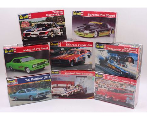 A collection of eight boxed Revell/Monogram 1/25 scale plastic car and race car kits, to include a World's Fastest 1957 Chevy