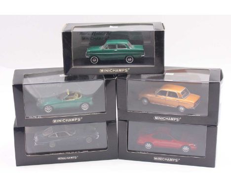 Minichamps 1.43 scale group of 5 diecast cars, to include a Honda Prelude in red, a Lamborghini 400GT in grey, a BMW Z1 in gr