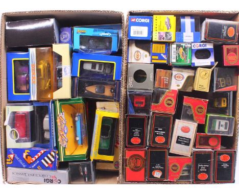 Two trays containing mixed modern issue diecast 1/43 scale vehicles to include a Matchbox Dinky Collection, a Lledo Vanguards