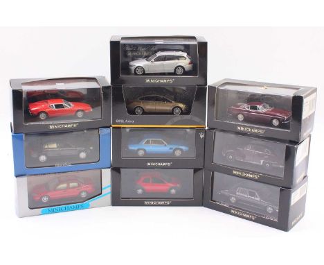 Minichamps 1/43 scale models group of 10 to include Maserati Kyalami 1982, Ford Ka 1997, Opal Kapitan 1951, BMW 3-Series Tour