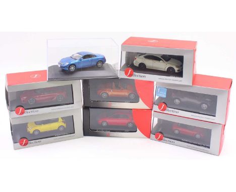 J Collection 1/43 scale group of 8 diecast cars, to include a Lexus LFA in red, an Infiniti G35 in blue missing outer cardboa
