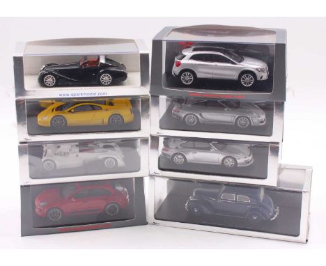 Spark 1/43 scale group of 8 diecast cars to include a Mercedes GLA in silver, a Morgan Aero 8 Super Sport in black, a Volkswa