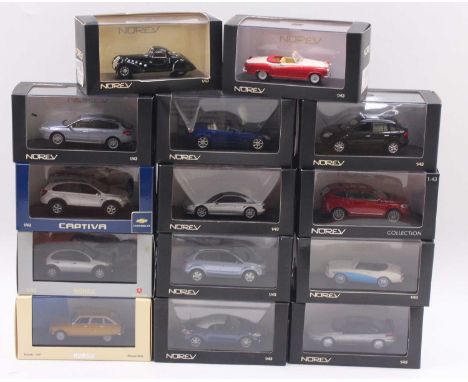 Norev 1/43 scale group of 14 diecast cars to include a Nissan Sports 211 in blue &amp; white, a Peugeot 302 in black, a Borgw