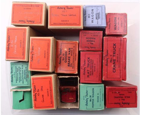 Hornby 0-gauge post-war 4-wheel wagons: No.50 – open, cattle, refrigerated, goods van, unboxed low sided with meat container,