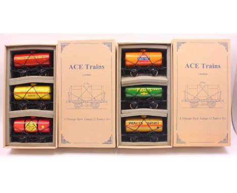 Two sets of 3 ACE Trains tank wagons: Set 3 comprising three Pratt’s tanks – one each High Test orange; Pratt’s Motor Spirit,