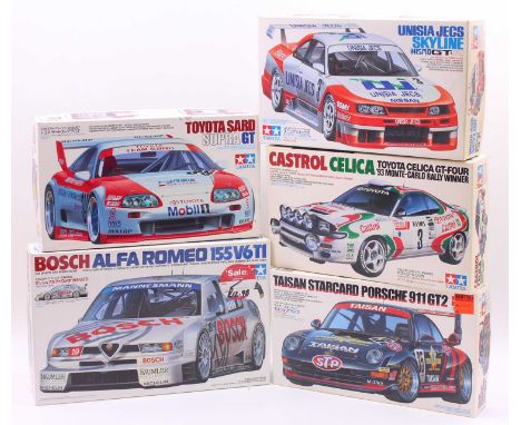 A collection of Tamiya 1/24 scale Racing plastic vehicle kits to include a Bosch Alfa Romeo 155 V6 TI, a Taisan Star Card Por