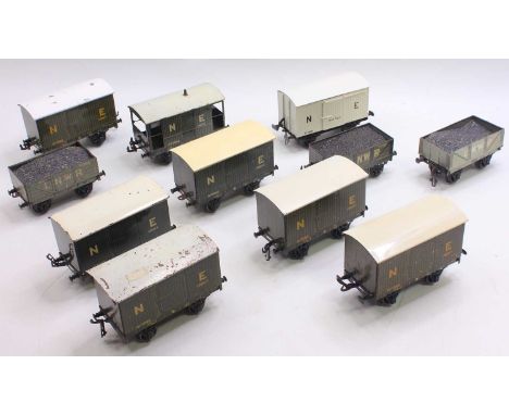 Eleven Bassett-Lowke/Leeds Model Co/Bing tinplate wagons, pre-war: 6 x NE 12 ton vans; 3 x LNWR open/coal; one NE 20 tons goo