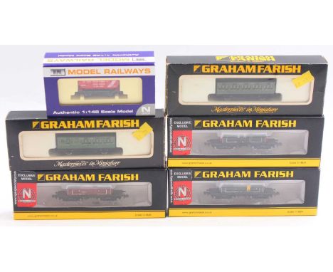 Six N gauge wagons to include a Dapol Limited Edition Pilikington Brothers hopper wagon, three Graham Farish Queen Mary brake