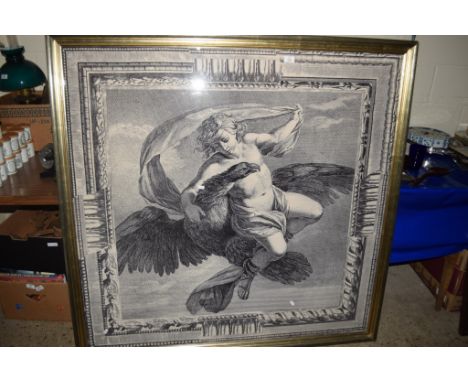 VERY LARGE FRAMED PRINT DEPICTING A CHERUB WITH AN EAGLE, TOTAL SIZE APPROX 135CM SQUARE