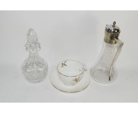 CROWN STAFFORDSHIRE QUEENSBERRY LARGE BREAKFAST CUP AND SAUCER TOGETHER WITH A CLARET JUG WITH METAL MOUNTS AND A CUT GLASS D