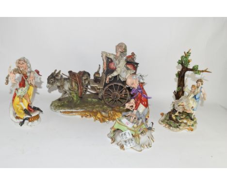 GROUP OF FIGURES, CAPO DI MONTE STYLE, MODELLED AS MUSICIANS AND FURTHER LARGE POTTERY GROUP OF GENTLEMEN ALONGSIDE A DONKEY 