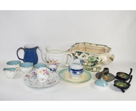 CERAMIC ITEMS INCLUDING A SUSIE COOPER PLATE, TEA WARES AND A LARGE VICTORIAN GREEN PAINTED TUREEN