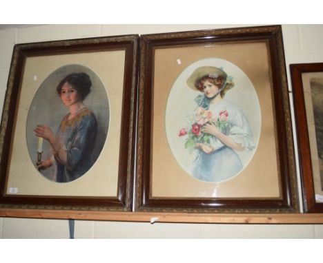 PAIR OF LARGE ORNATE BRASS TRIMMED FRAMES, EACH APPROX 70 X 80CM, EACH CONTAINING A PRINT OF A GIRL
