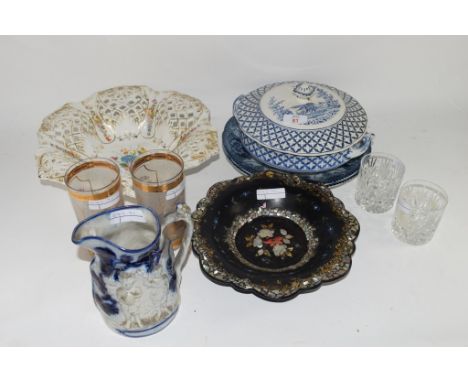CERAMIC ITEMS INCLUDING A TUREEN AND COVER, FURTHER LUSTREWARE JUG MODELLED IN RELIEF WITH FIGURES AND A LACQUER DISH WITH MO