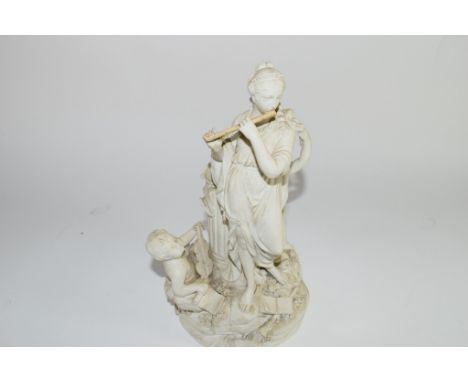 DERBY PORCELAIN PARIAN GROUP OF A CLASSICAL LADY SURROUNDED BY TWO CHERUB MUSICIANS (SOME RESTORATION AND DAMAGE)