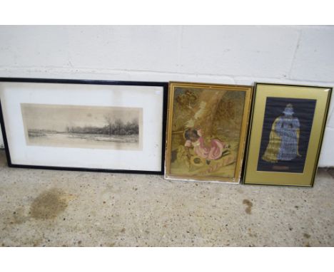 QUANTITY OF MIXED PICTURES, FRAMED INCLUDING A PRINT OF A RIVER SCENE, VINTAGE FRENCH EMBROIDERY ETC