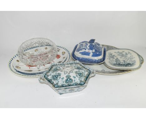 CERAMIC ITEMS INCLUDING A TUREEN AND COVER BY ADAMS, FURTHER 19TH CENTURY POTTERY SERVING DISH, CASSEROLE AND COVER AND A CUT