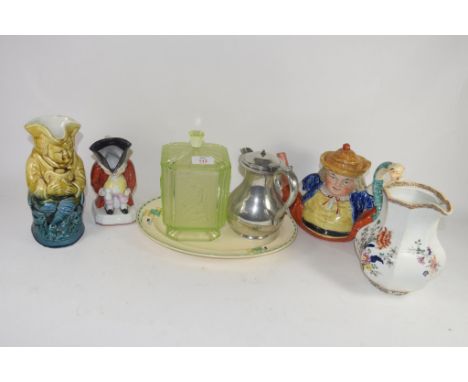 CERAMIC ITEMS INCLUDING A NOVELTY STAFFORDSHIRE TEA POT, TOBY JUG ETC