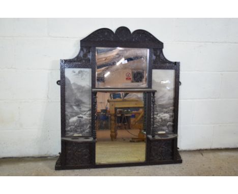 CARVED HALL MIRROR WITH INTEGRAL SHELF AND PRINTS OF CATTLE IN HIGHLAND SCENES, WIDTH APPROX 90CM