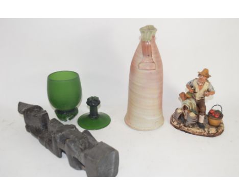 BOX CONTAINING CERAMIC ITEMS INCLUDING A FIGURINE OF A POTTER, BOXED GLASSES, LARGE PAINTED WOODEN TRAY ETC