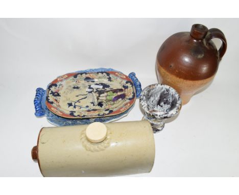 CERAMIC ITEMS, BLUE AND WHITE TRAY WITH A SCENE FROM BRITISH HISTORY BY JONES &amp; SON, TOGETHER WITH A FURTHER PLATE, CERAM
