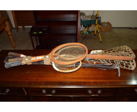 SELECTION OF VINTAGE RACKETS, LACROSSE STICK ETC