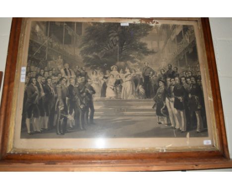 FRAMED 19TH CENTURY PRINT, "HER MAJESTY THE QUEEN OPENING THE GREAT EXHIBITION OF ALL NATIONS 1851", FRAME A/F, APPROX 66 X 9