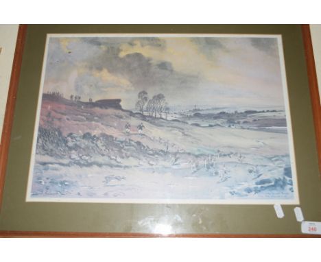 FRAMED HUNTING INTEREST PRINT ENTITLED "THE AIREDALE BEAGLES", APPROX 34 X 48CM