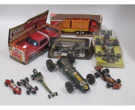Toy racing cars, including Schuco Lotus, JPS friction drive, another by Corgi, Starsky &amp; Hutch Zoomaway Car, Tony lorry, 