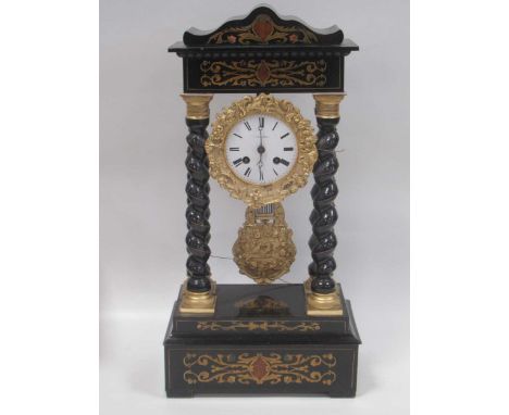 A French late 19th century ebonised and inlaid portico clock, the dial signed 'Leroy a Paris', with embossed pendulum bob, wi