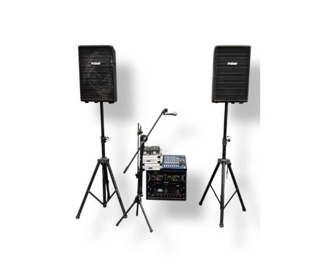 A racked PA and mixing system comprising: Yamaha mixing desk (MG12/4), Numark twin CD player and mixing unit (CDN22 MK4), Pro