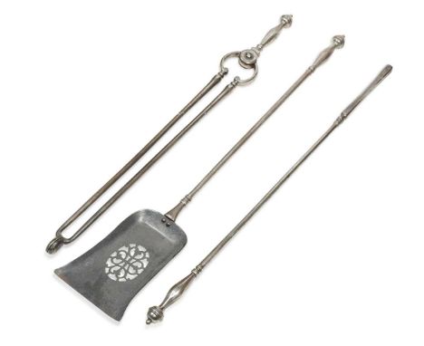 A set of George III polished steel fire irons, comprising a poker, tongs and a shovel with pierced pan,82cm