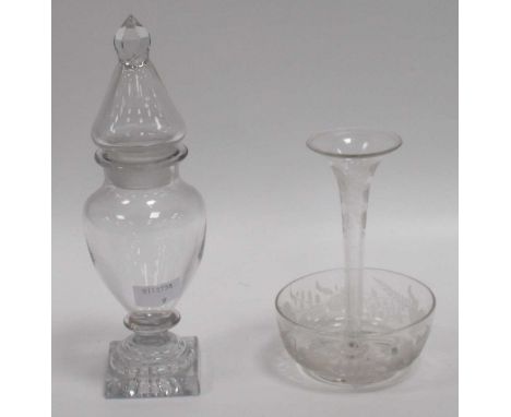 A George III glass mustard pot with lemon squeezer base, together with a small glass epergneeperne - very small chip to under