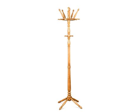 A mid-century turned beech hat and coat stand, with an arrangement of ten hooks to the upper section, with four hooks below, 