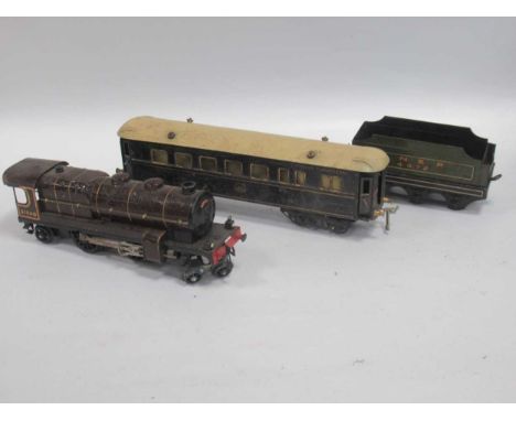 Large box of Hornby: 31240 locomotive in brown and gilt livery; LNER 4472 Bowman models; tin plate carriage Langley Norwich; 