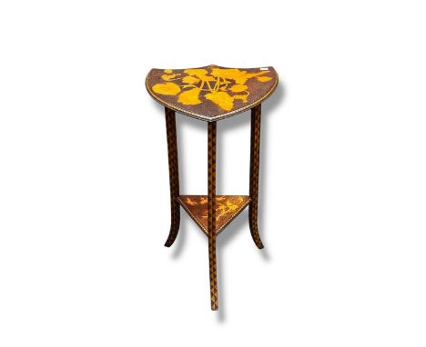 A poker work shield shaped table dated 1902,70 x 39 x 41.5cm
