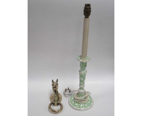 Colefax &amp; Fowler, a single porcelain candlestick lamp in green 'Squiggle' design (bayonet bulb fitting, untested), togeth