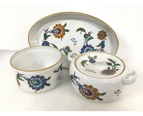 A Royal Worcester Palmyra pattern lidded tureen, with handles to side (11cm x 23cm x 19cm), a souffle dish and casserole dish