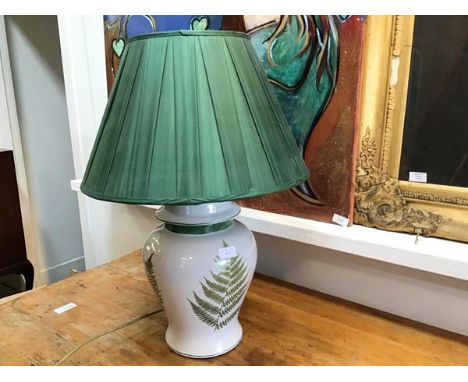 A modern India Jane baluster vase lamp decorated with transfer printed fern design, complete with pleated silk shade in forre