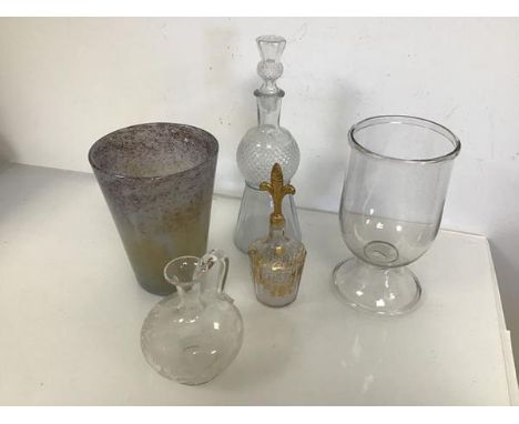 A collection of glassware including a hand blown vase (h.23cm x 12cm), a thistle style decanter, an etched cruet, a decanter 