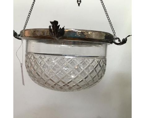 A cut crystal pendant light fitting mounted with silver plated fitting, complete with chains (h.17cm x d.26cm)