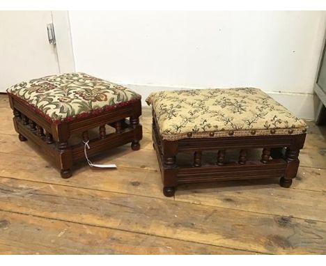 Two 19thc oak footstools with tapestry tops and bobbin turned rails, on bun feet (17cm x 32cm x 26cm)