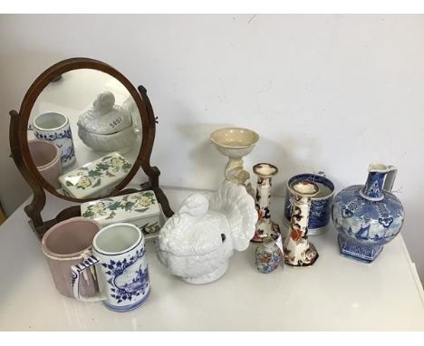 A mixed lot including a Delftware jug of bulbous form, with handle and hexagonal base, a tureen in the form of a Turkey, an E