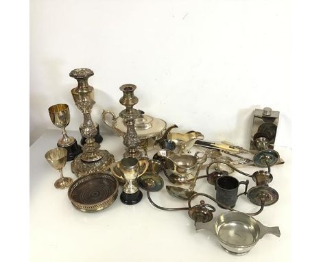 An assortment of Epns including candlesticks, coaster, ladles, forks etc., four trophies, three engraved Ardvreck, a pewter q