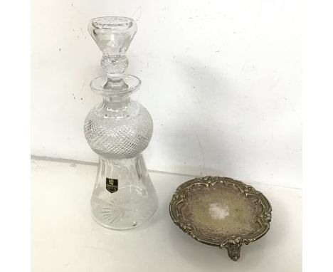 An Edinburgh Crystal thistle style decanter, with hobnail cut and etched thistle decoration (30cm x d.12cm) and an Epns foote