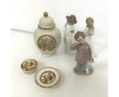 A Japanese Chokin lidded jar (21cm x 13cm x 11cm), a Chokin plate, a Chokin lidded dish and three Nao figures, one a/f (6)