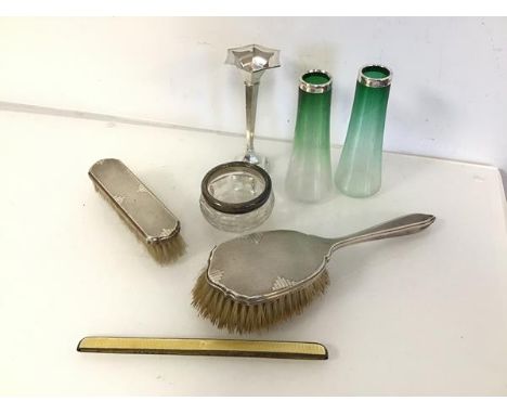 A pair of Edwardian green to clear glass vases, with London silver collars (13cm x 5cm to base), a silver bud vase, hairbrush