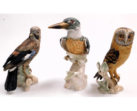 Three Goebel matte porcelain bird figures, comprising kingfisher on a branch, 26cm high, a jay, 23cm high, and a barn owl, 22